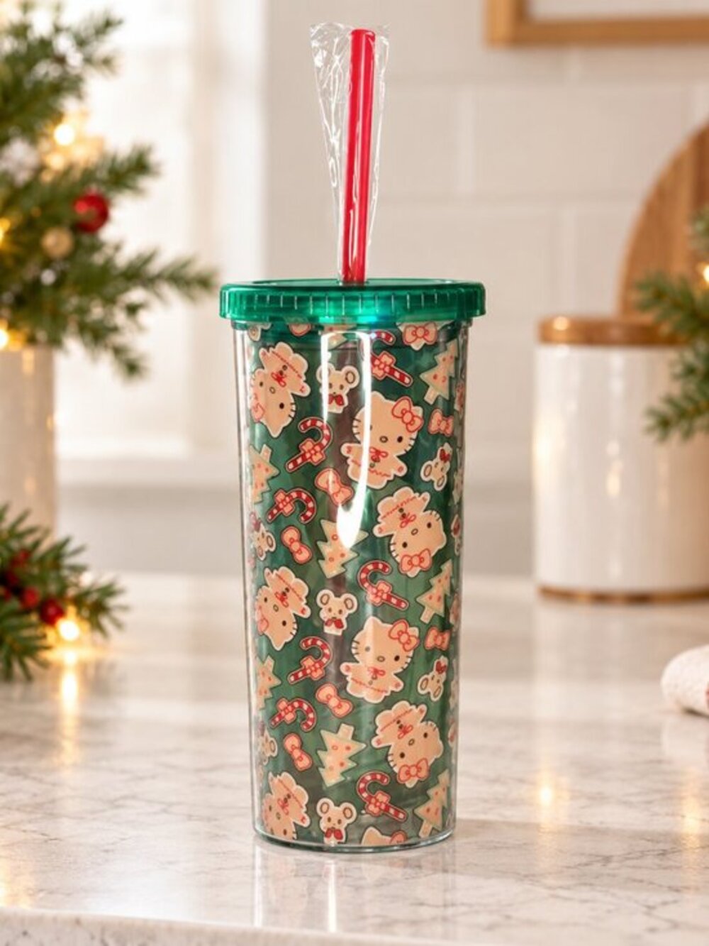 Hello Kitty Gingerbread Christmas Tumbler Green Lid Straw NWT